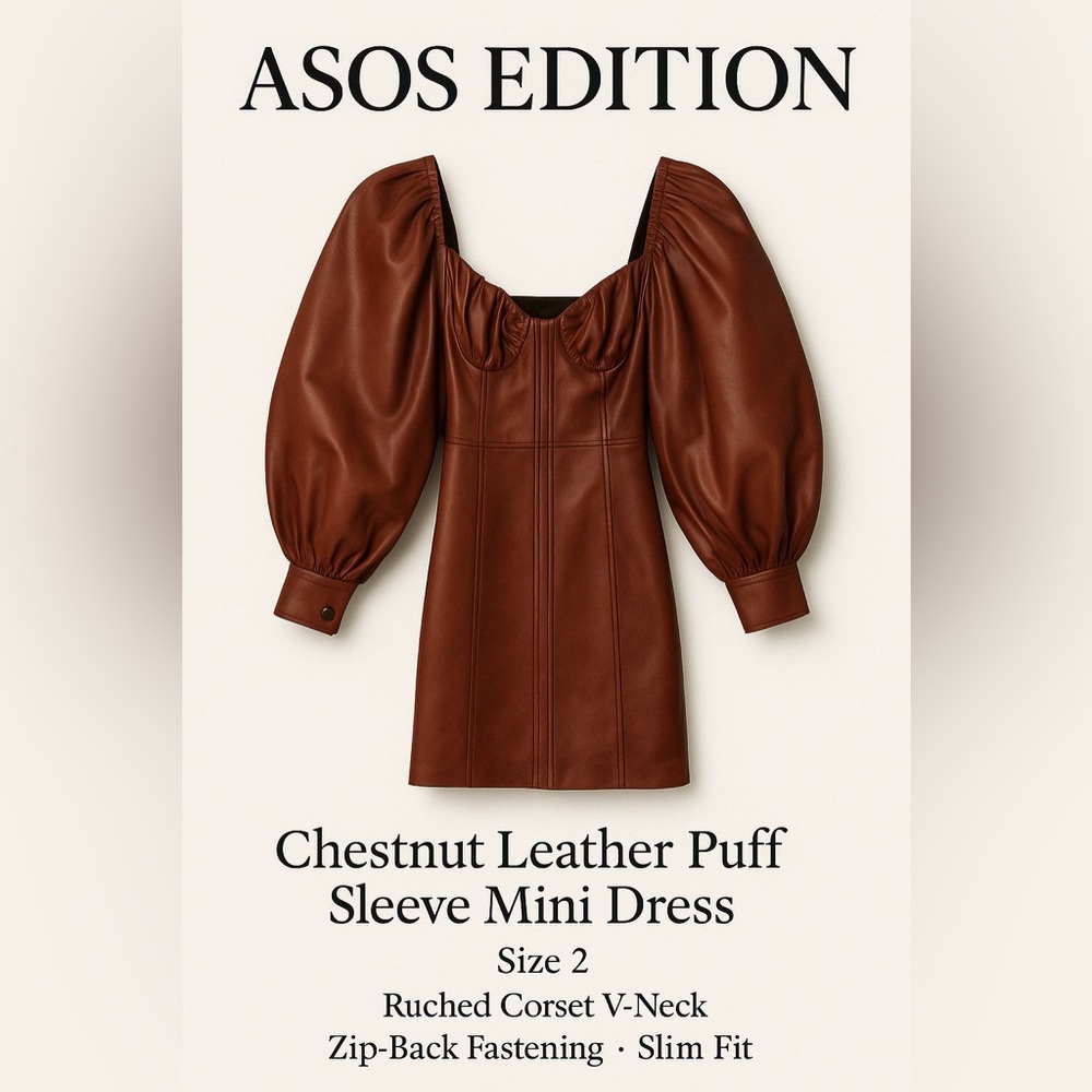 ASOS EDITION Chestnut Genuine Leather Puff‑Sleeve Mini Dress Size 2 Corset